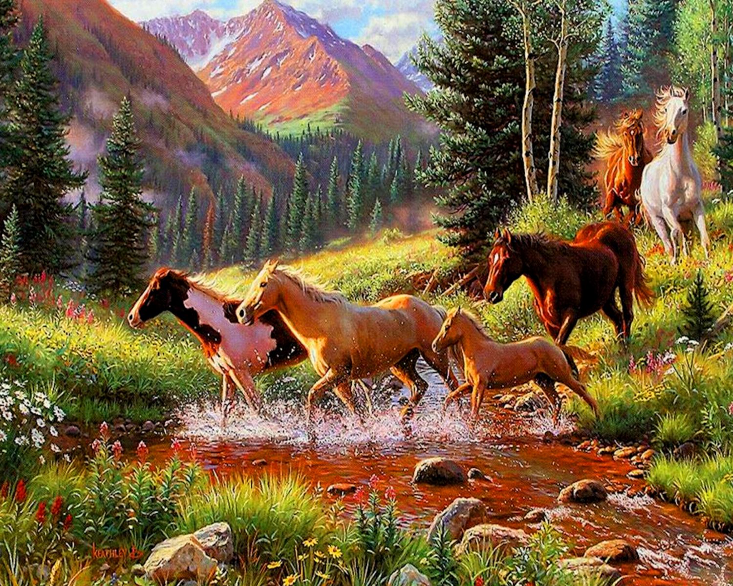 Лошади и горный ручей (подрамник)
