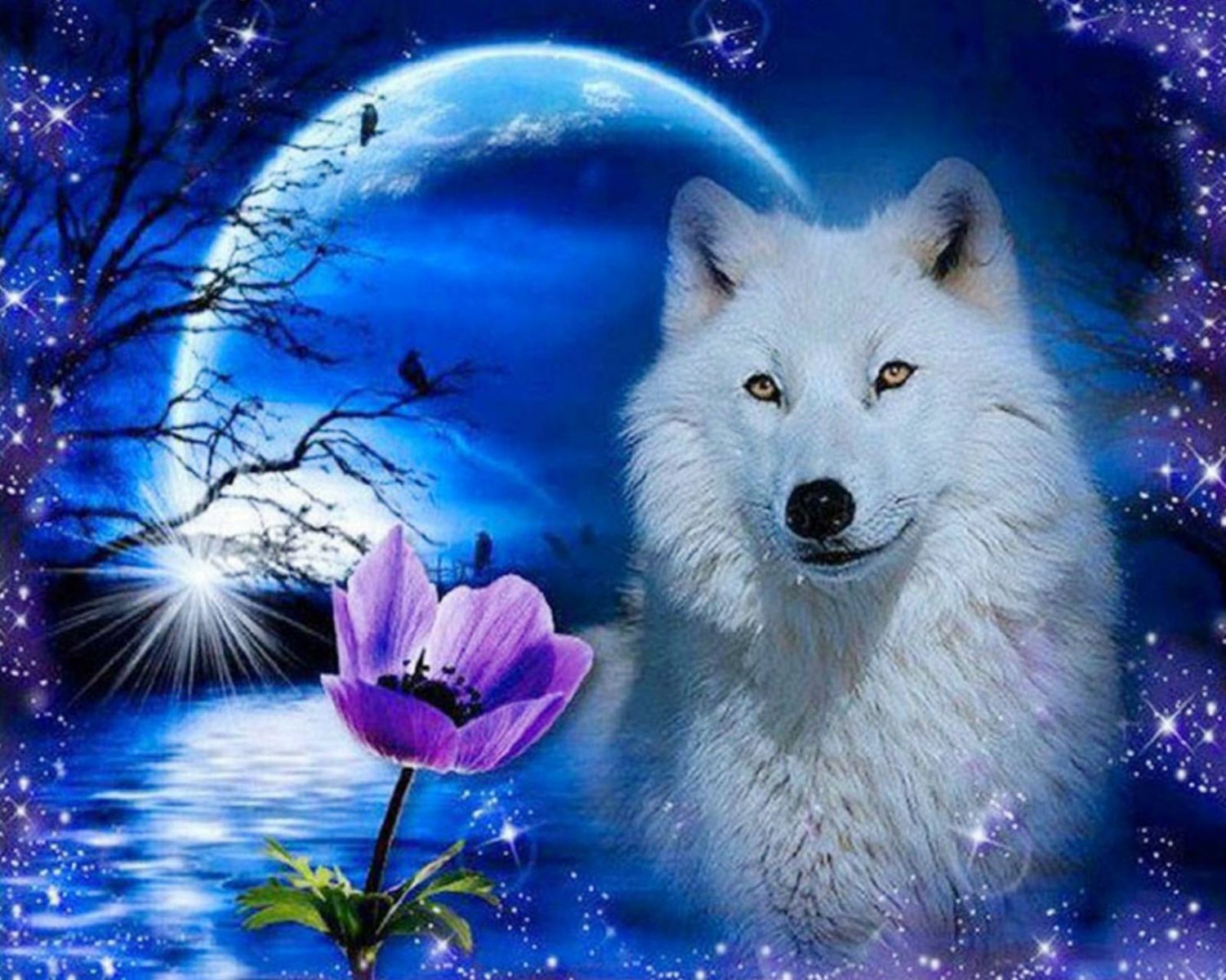 Белый волки и луна (подрамник)